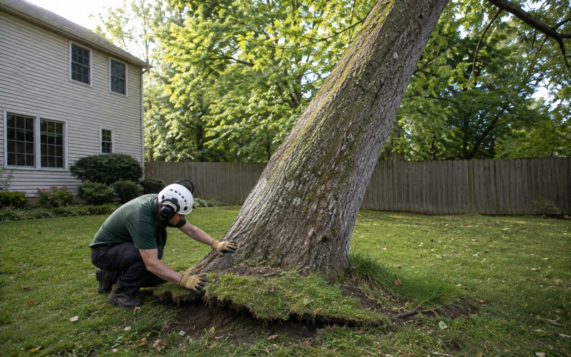 Worker crouched at the lifted root flare of a leaning tulip poplar in Severn, reading the fresh plate movement in the sandy soil after a summer squall.