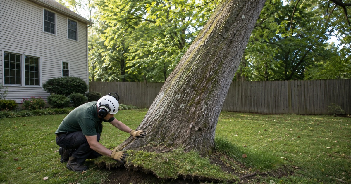 Worker crouched at the lifted root flare of a leaning tulip poplar in Severn, reading the fresh plate movement in the sandy soil after a summer squall.