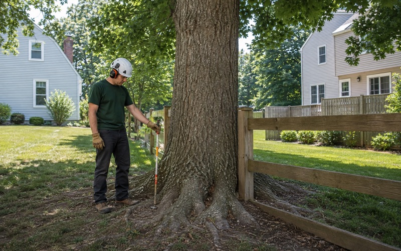 Worker spreading protective tarp along the neighbor's side of a Severn boundary fence, the silver maple limbs cut back exactly to the line above.