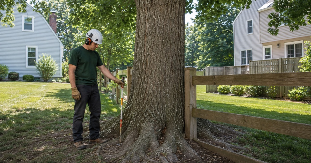 Worker spreading protective tarp along the neighbor’s side of a Severn boundary fence, the silver maple limbs cut back exactly to the line above.