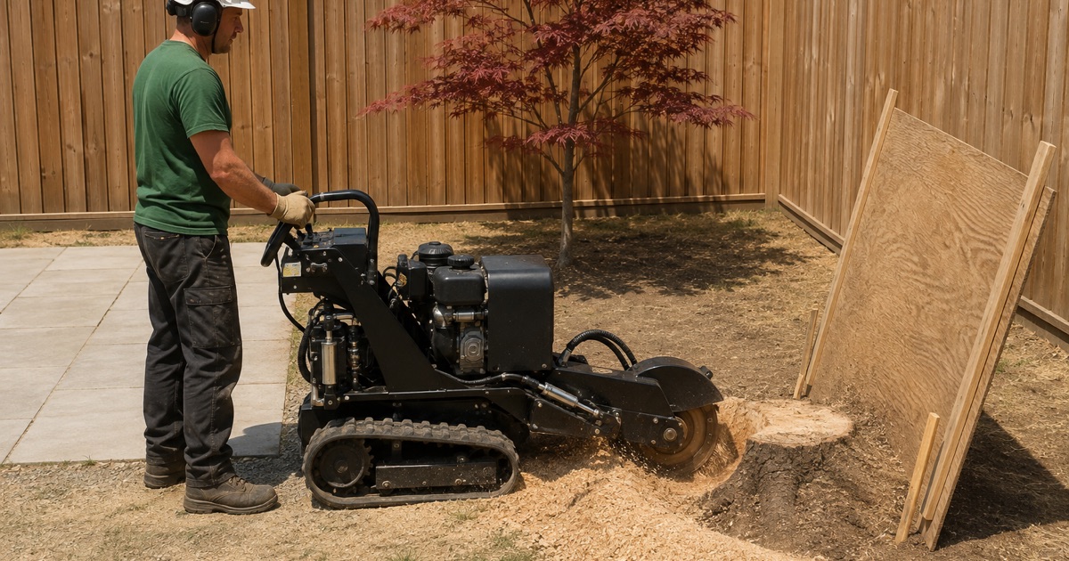 Worker sweeping a grinder wheel across a black cherry stump face in a Severn back yard, the free-draining sandy spoil piling light beside the cut.