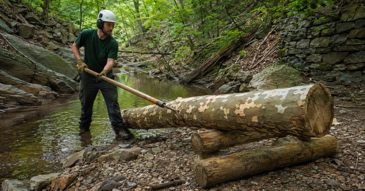 Worker setting a felling wedge in a Belair-at-Bowie willow oak, one of a whole street of trees the same age.