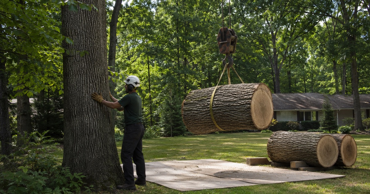Worker carrying a bundle of northern red oak brush out of a deep Catonsville rear yard along the narrow side path to the street.