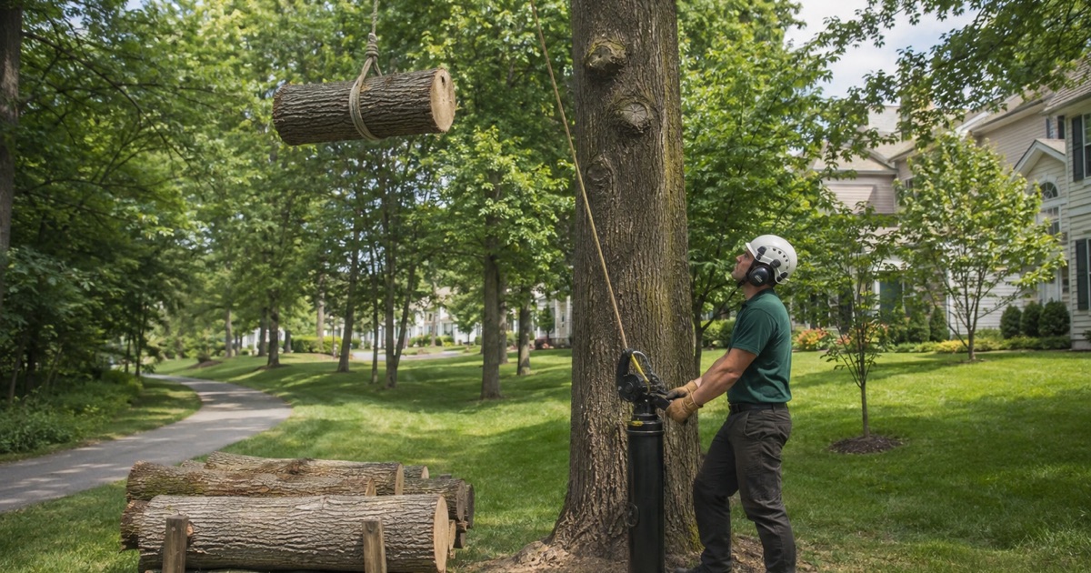 Worker bucking a felled tulip poplar into rounds on Columbia Association open space behind a village cluster.