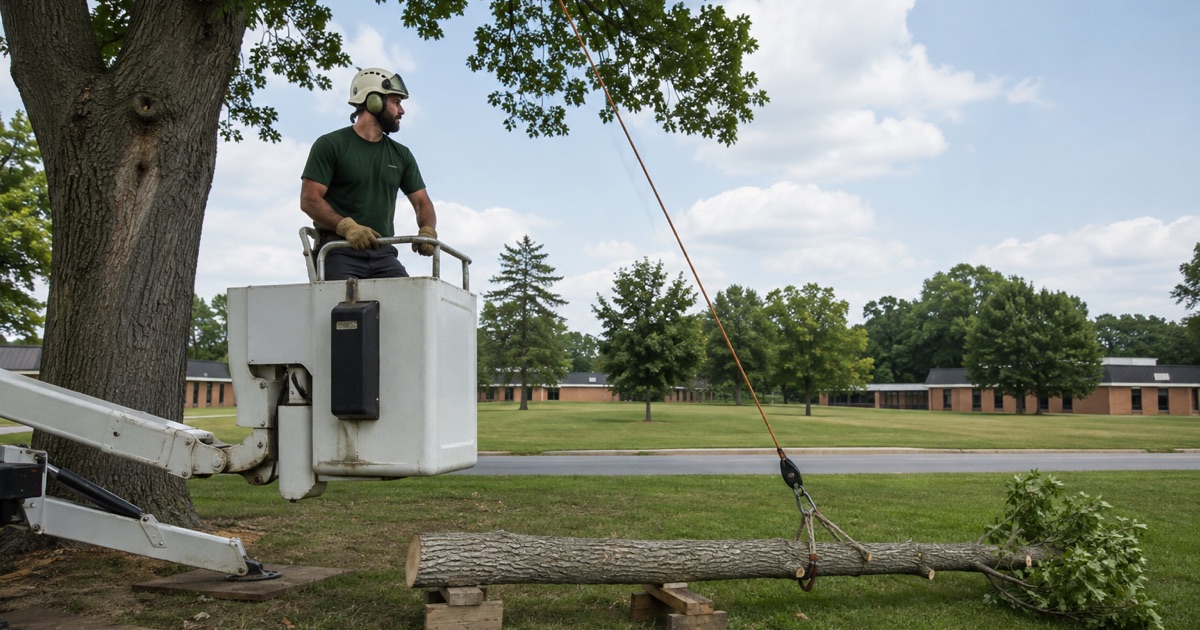 Worker forking brush to the pile on the mown common ground at Fort Meade, the willow oak already down in sections behind him.