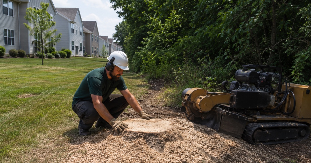 Worker at a freshly ground sweetgum stump on the pod edge in Fulton, where the lawn meets retained hedgerow woodland.