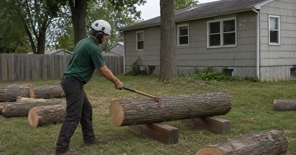Worker taking wraps on the bollard as a silver maple section is lowered clear of parked cars in a Glen Burnie garden apartment court.