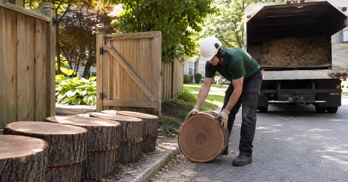 Worker walking black cherry rounds out to the truck at the curb in Laurel, brought through the side gate from the back yard.