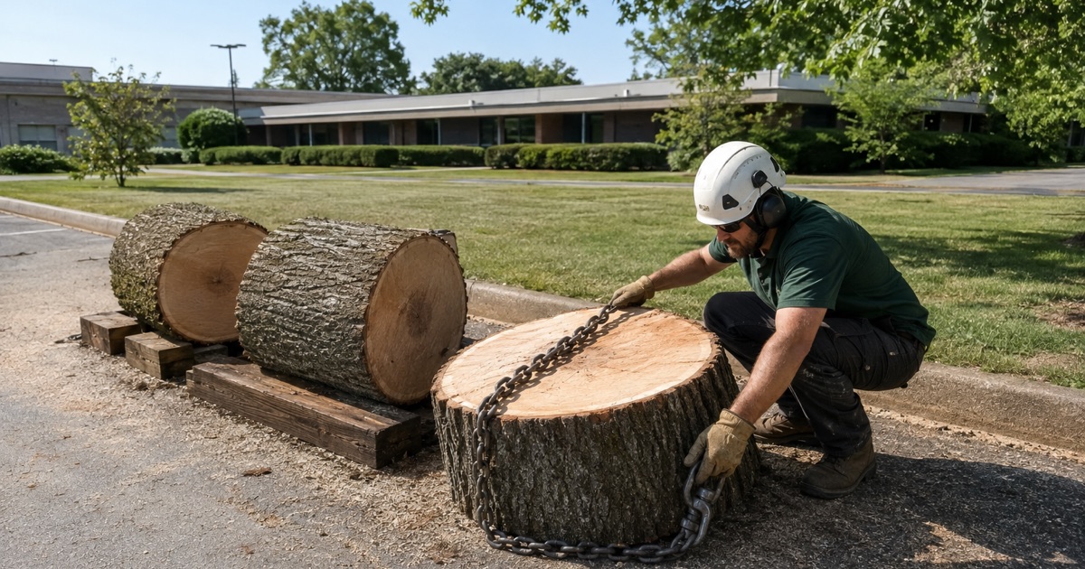 A large red maple sectioned on open business park grounds in Linthicum, the worker hooking a sling into the butt.