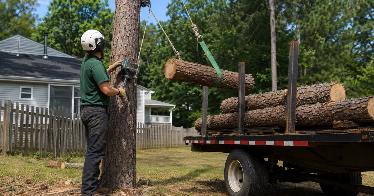 Worker tied in to a dead loblolly pine inside the Critical Area buffer on a Pasadena shoreline lot, the tidal creek and marsh edge behind him.