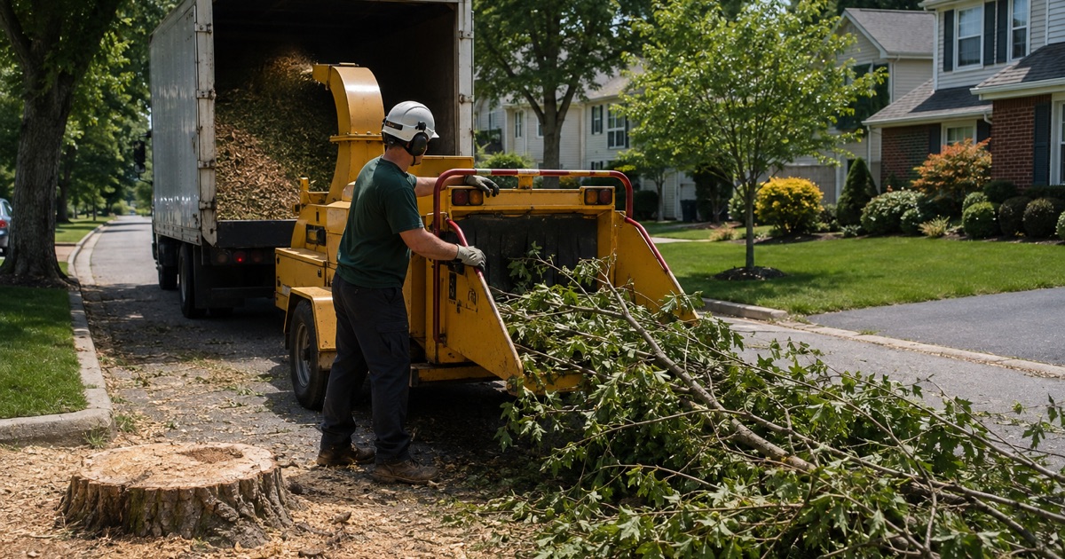 Worker running the lowering rope on a white oak over an association beach lane in Severna Park, the community pier at the foot of the lane.