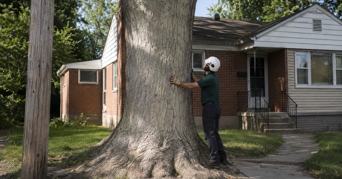 Worker laying an outrigger pad on matting over slow-draining South Laurel ground, the tulip poplar down on cribbing.