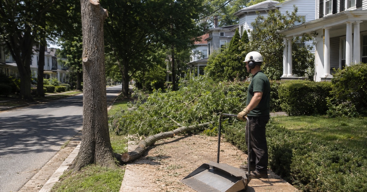 Worker clearing chips off the boarded sidewalk under a Takoma Park white oak street tree standing in the right-of-way.